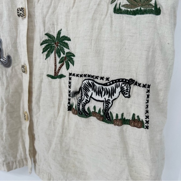 VTG New Directions Safari Print Embroidered Button Shirt Large Linen Cotton - Picture 5 of 16
